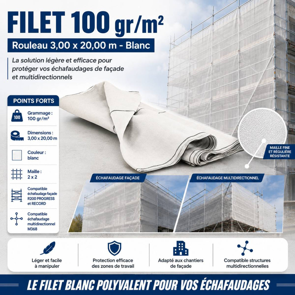 Filet d'habillage blanc 100 g/m² 3 x 20 m pour échafaudage Tubesca Comabi
