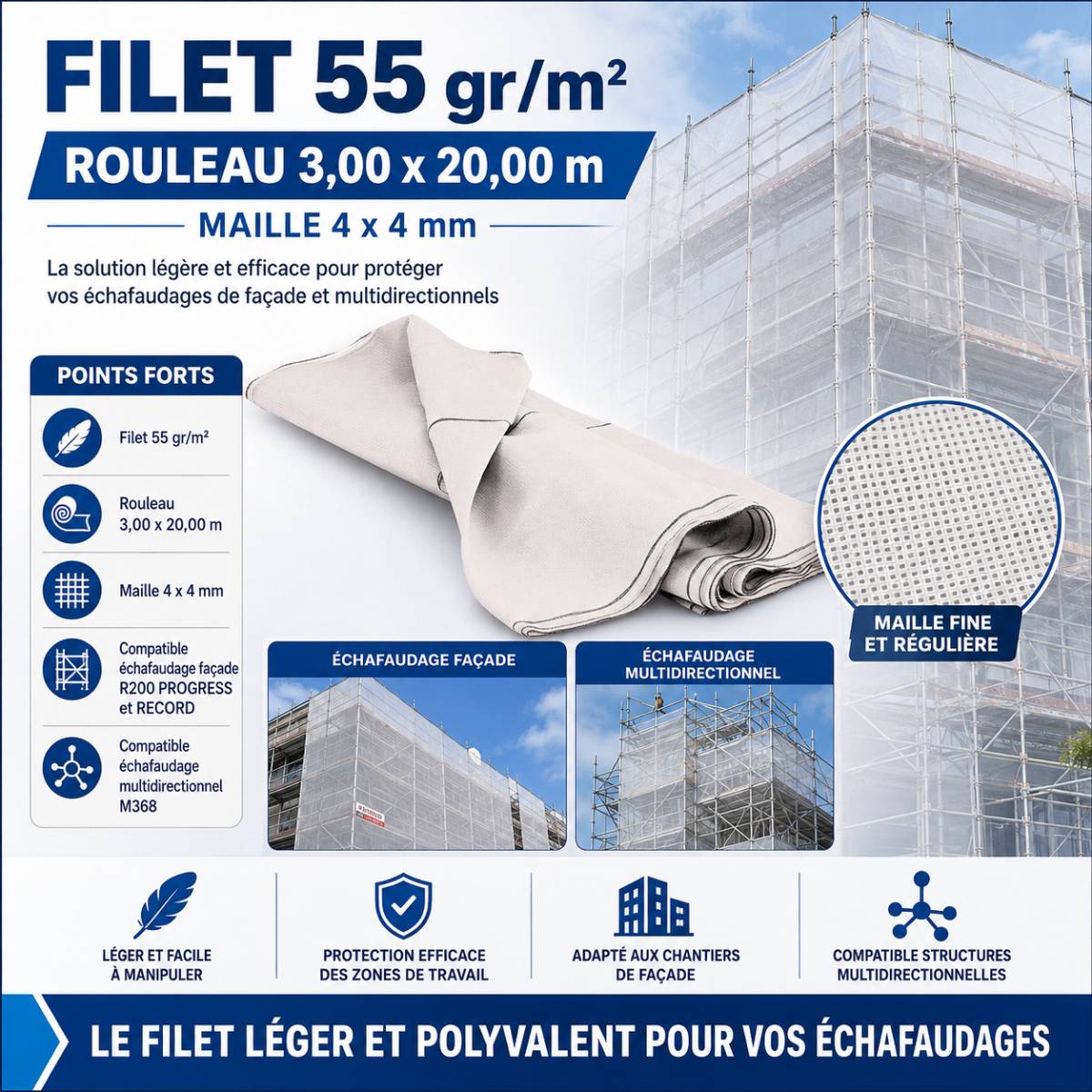 Filet d'échafaudage ajouré 55 g/m² 3 x 20 m, maille 4 x 4 mm Tubesca Comabi