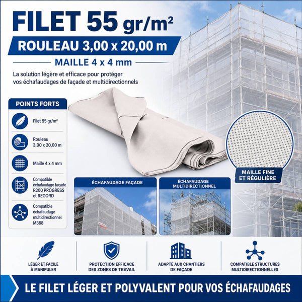Filet d'échafaudage ajouré 55 g/m² 3 x 20 m, maille 4 x 4 mm Tubesca Comabi