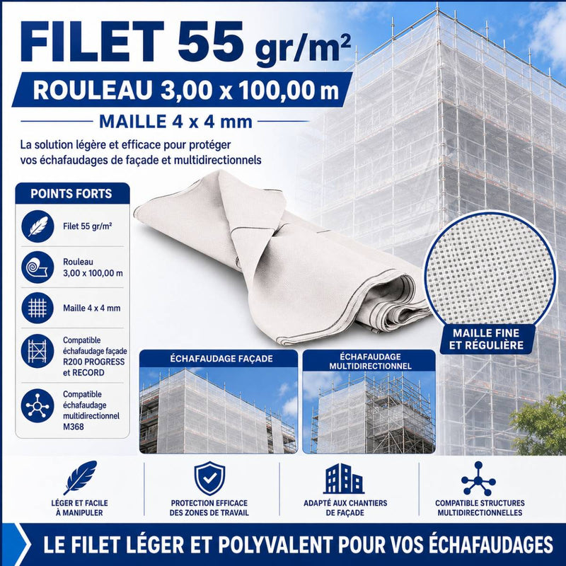 Filet d'habillage 55 g/m² rouleau 3 x 100 m, maille 4 x 4 mm Tubesca Comabi