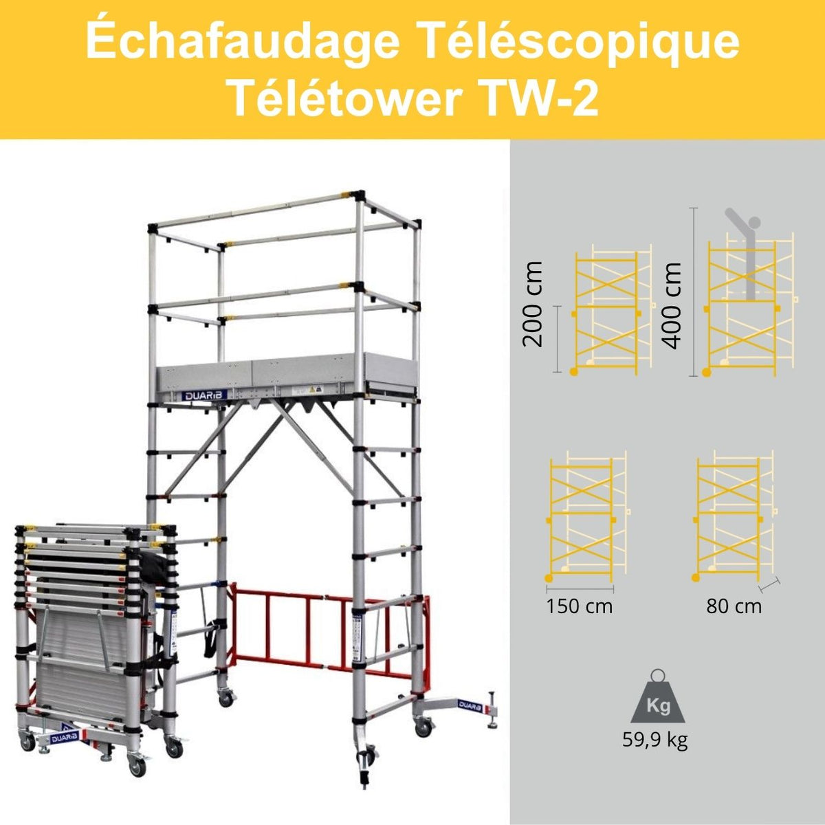 Échafaudage télescopique TOWER TW-2 – Hauteur de travail jusqu’à 4 m