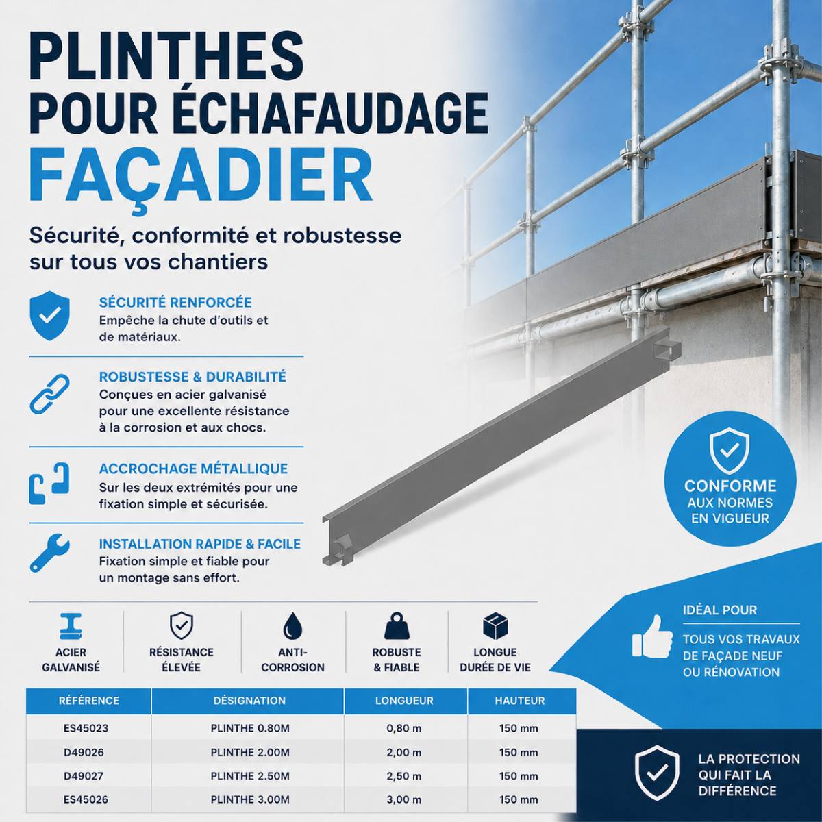 Plinthes acier galvanisé pour échafaudage façadier ES45 en 0,80 m et 3 m