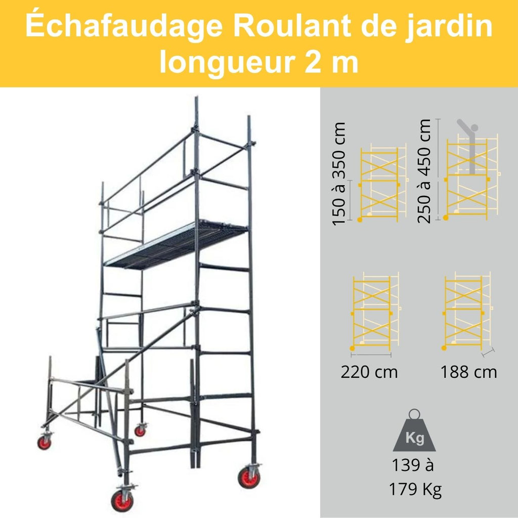 Échafaudage de jardin et taille-haie - Long 2m – Hauteur 2,5 m / 4,5 m