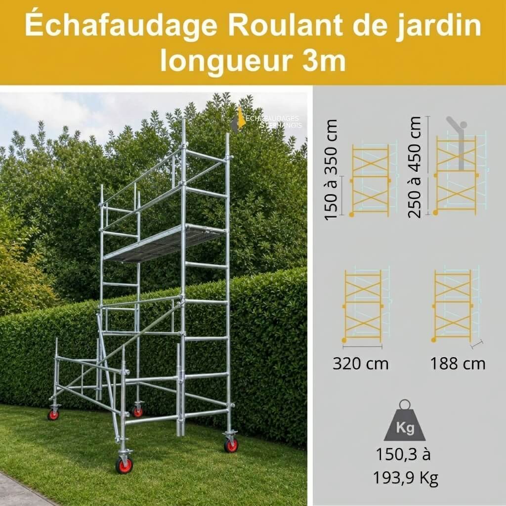 Échafaudage spécial jardin et taille-haie - Long 3m – Hauteur 2,5 m / 4,5 m
