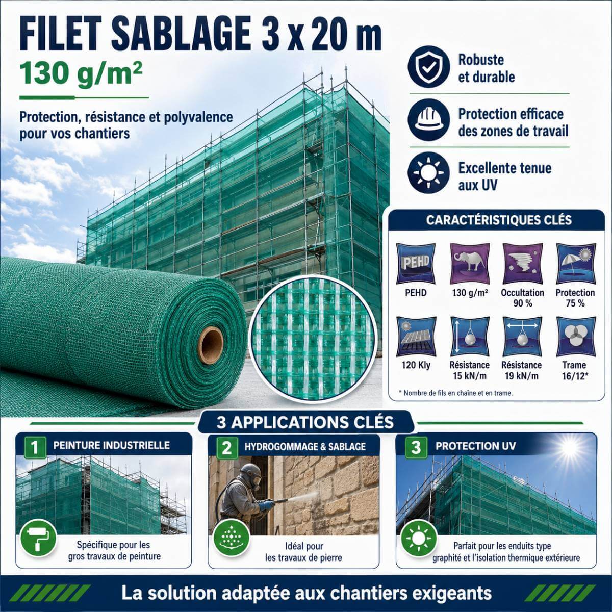 Filet de confinement pour sablage 3 x 20 m, grammage 130 g/m²