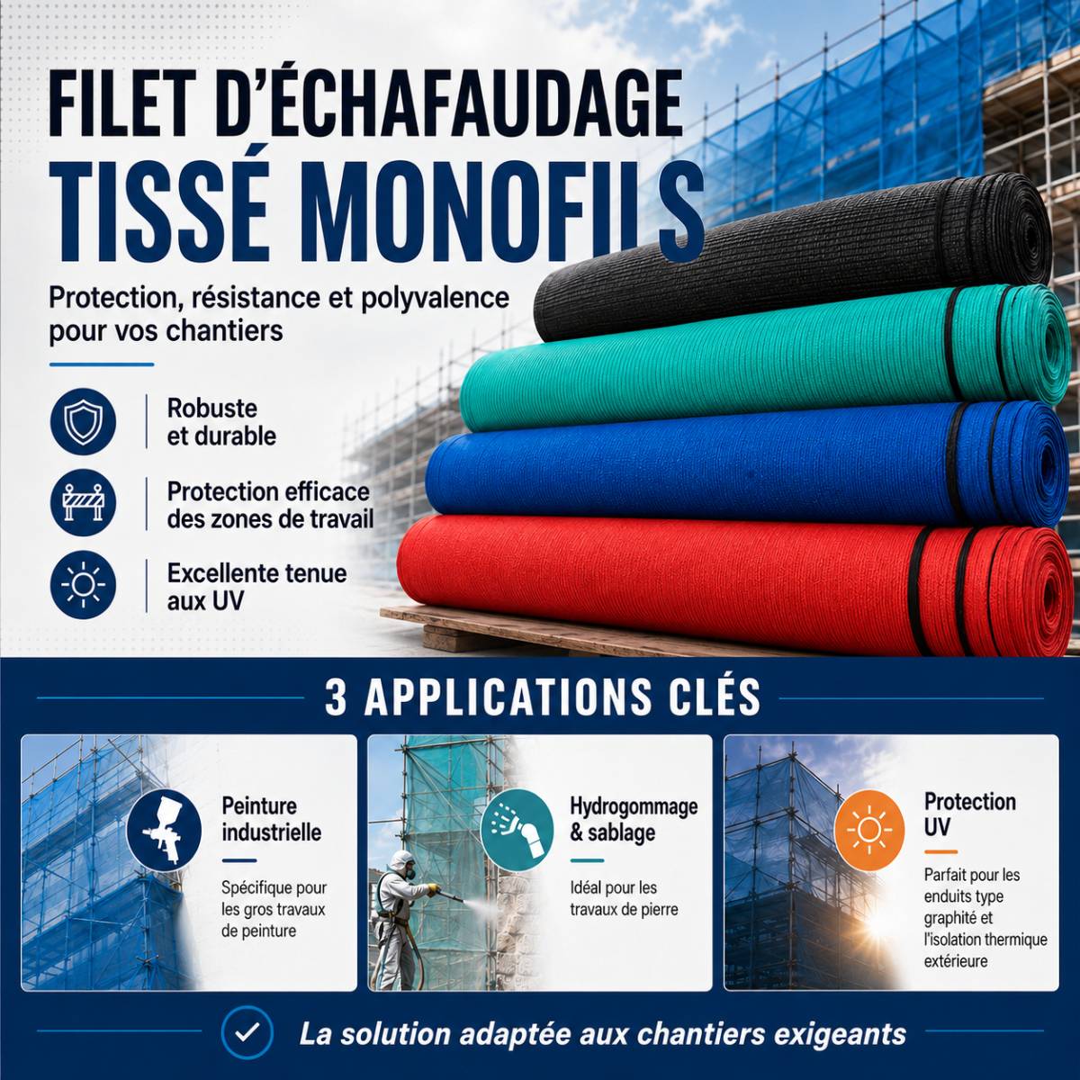 Filet de protection pour échafaudage 20 x 3 m, grammage 50 g/m²