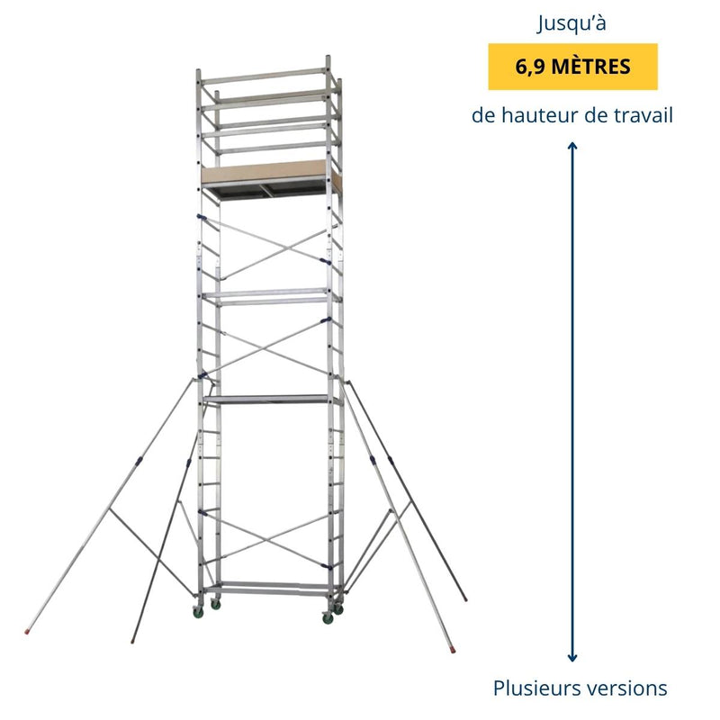 Échafaudage roulant aluminium Supremalu et stabilisateurs télescopiques